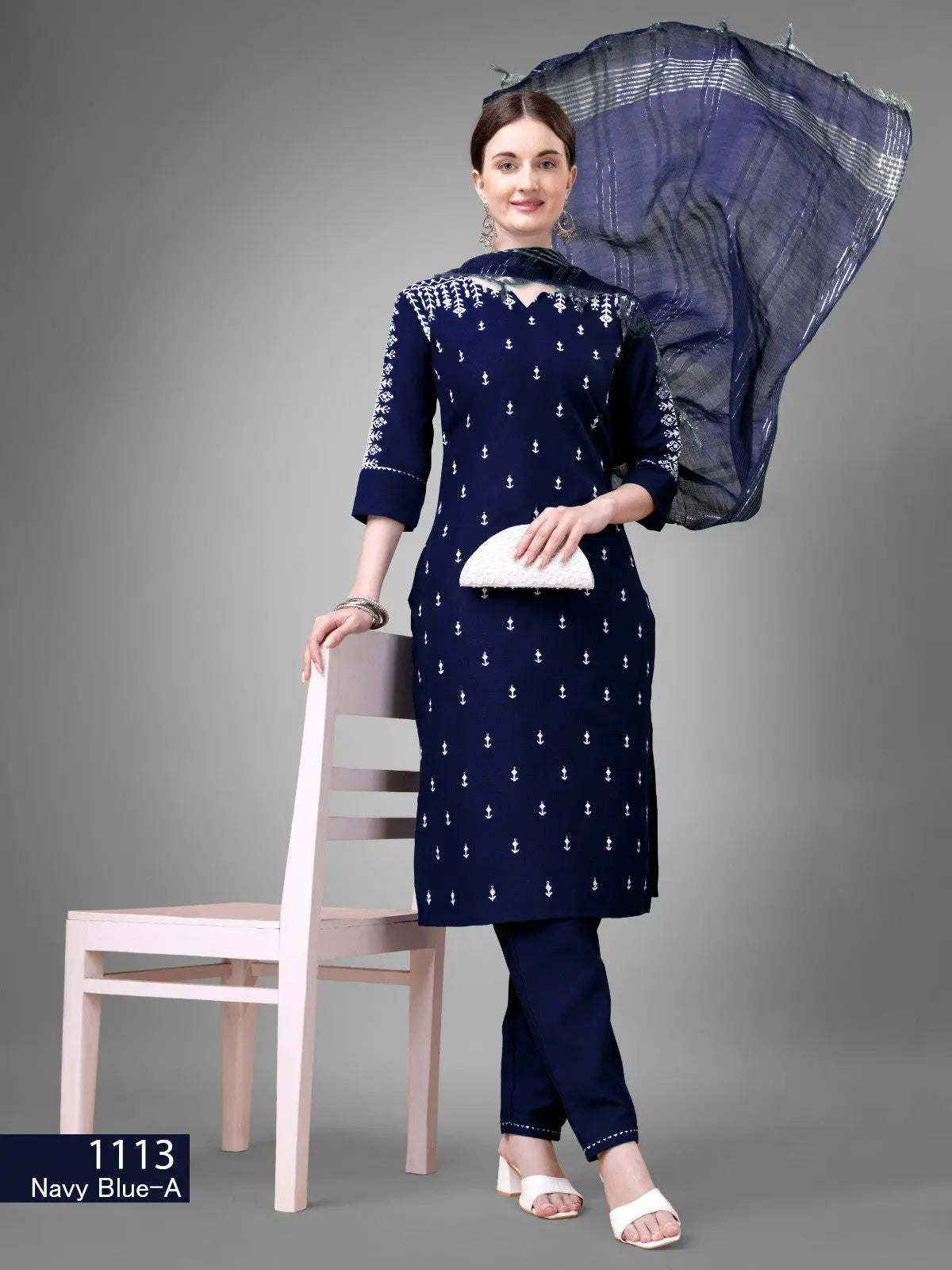 Dark Blue Kurti Set  Cotton Blend Kurti With Bottom Dupatta Collection Desi Soul