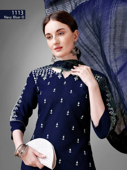 Dark Blue Kurti Set  Cotton Blend Kurti With Bottom Dupatta Collection Desi Soul