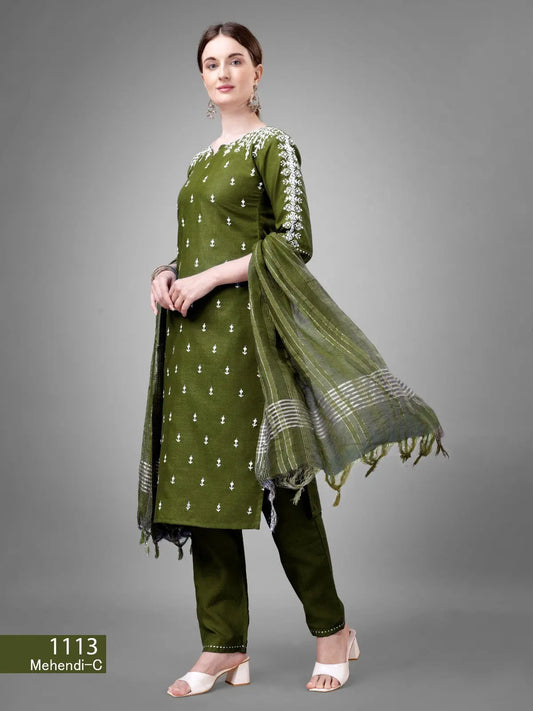 Mehendi Color Cotton Blend Embroidery With Sequence Work Kurta Pant With Dupatta Set Desi Soul