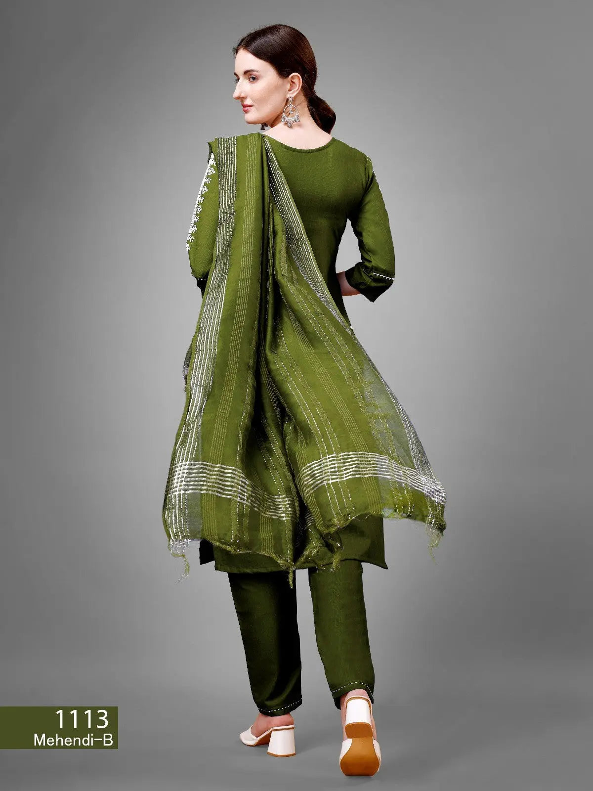 Mehendi Color Cotton Blend Embroidery With Sequence Work Kurta Pant With Dupatta Set Desi Soul