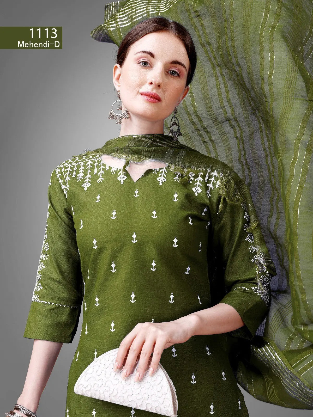 Mehendi Color Cotton Blend Embroidery With Sequence Work Kurta Pant With Dupatta Set Desi Soul