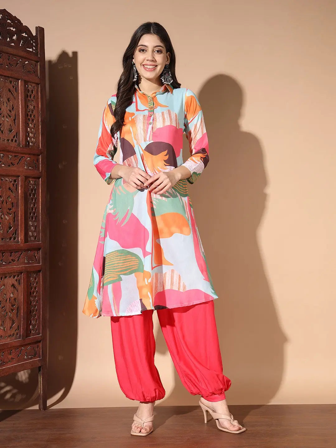 Multi Colour Digital Print Casual Kurta With Patiyala Set Desi Soul