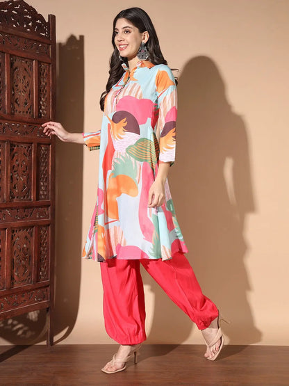 Multi Colour Digital Print Casual Kurta With Patiyala Set Desi Soul