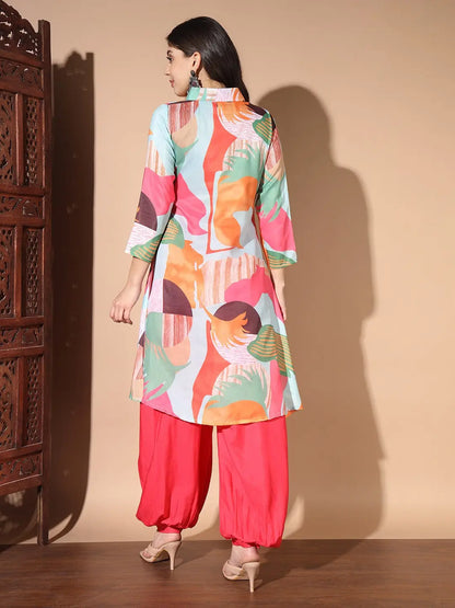 Multi Colour Digital Print Casual Kurta With Patiyala Set Desi Soul