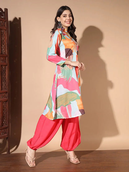 Multi Colour Digital Print Casual Kurta With Patiyala Set Desi Soul