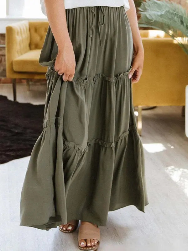 Women's Elastic Waist Solid Color Stitching Large Swing Midi Skirt - Let Us Vogue