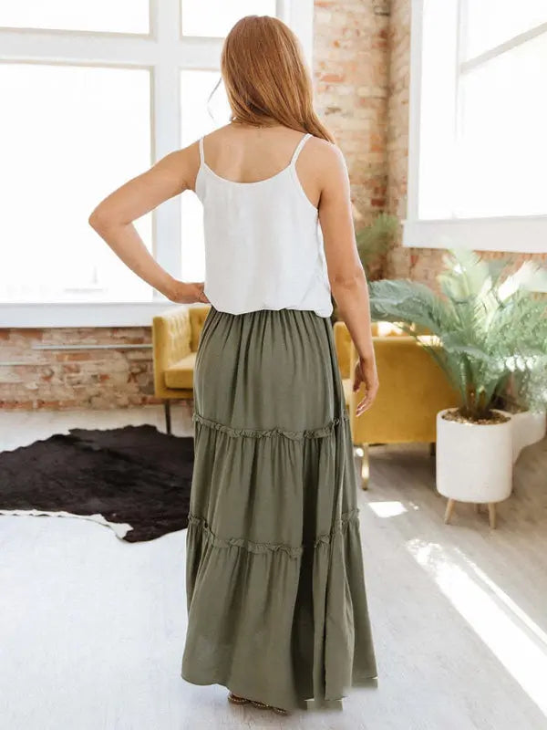 Women's Elastic Waist Solid Color Stitching Large Swing Midi Skirt - Let Us Vogue