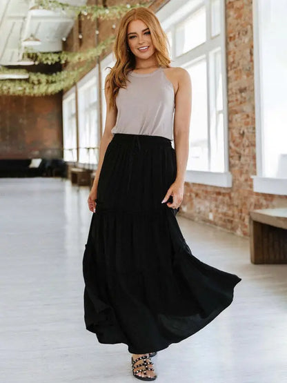 Women's Elastic Waist Solid Color Stitching Large Swing Midi Skirt - Let Us Vogue