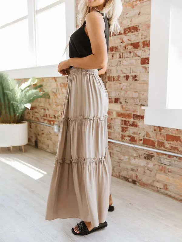 Women's Elastic Waist Solid Color Stitching Large Swing Midi Skirt - Let Us Vogue