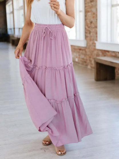 Women's Elastic Waist Solid Color Stitching Large Swing Midi Skirt - Let Us Vogue