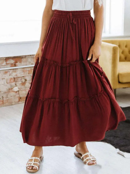 Women's Elastic Waist Solid Color Stitching Large Swing Midi Skirt - Let Us Vogue