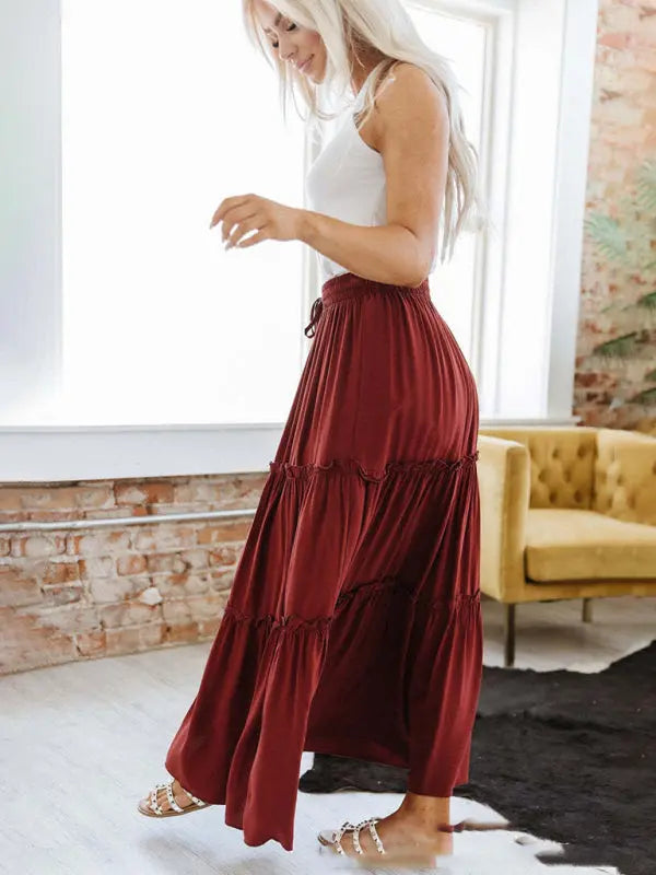 Women's Elastic Waist Solid Color Stitching Large Swing Midi Skirt - Let Us Vogue