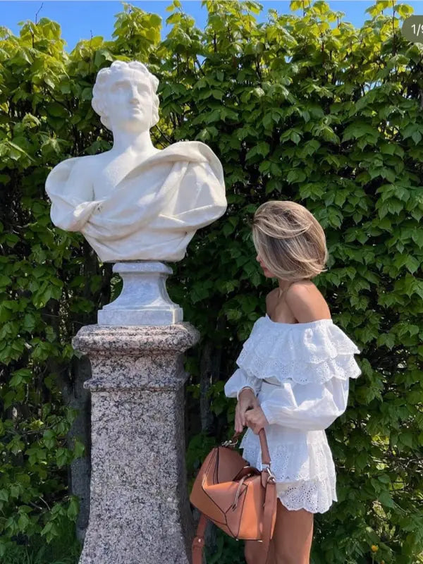 New style ruffled one word collar white top shirt pleated skirt suit Combo - Let Us Vogue