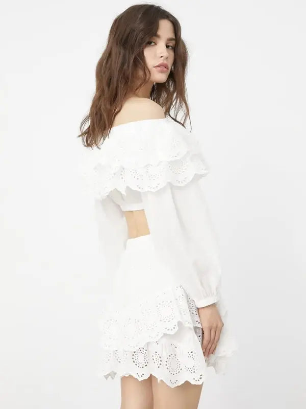 New style ruffled one word collar white top shirt pleated skirt suit Combo - Let Us Vogue