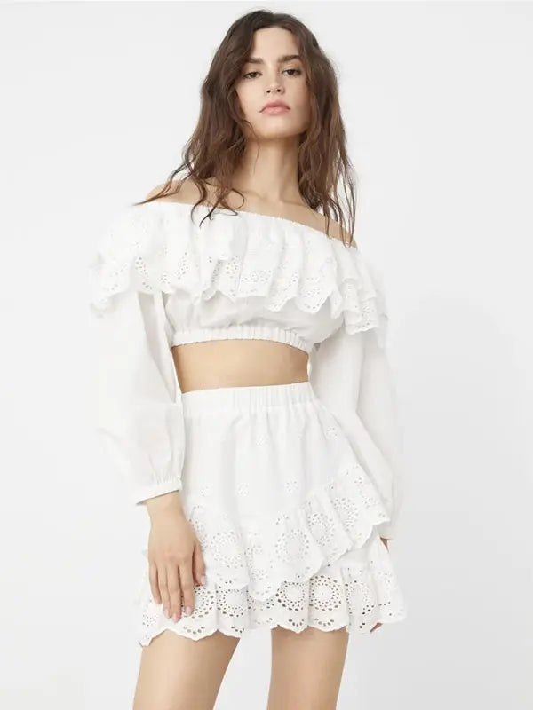 New style ruffled one word collar white top shirt pleated skirt suit Combo - Let Us Vogue