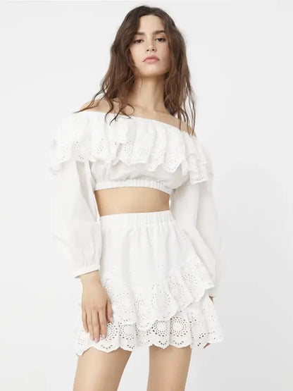 New style ruffled one word collar white top shirt pleated skirt suit Combo - Let Us Vogue